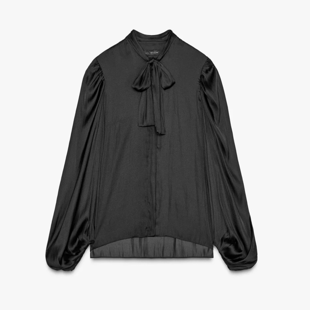 Zara Black Blouse shirt with Tie Detail and Balloon Sleeves